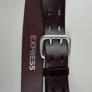 Express Mens Dark Brown Genuine Leather Double Prong Buckle Belt Size M
